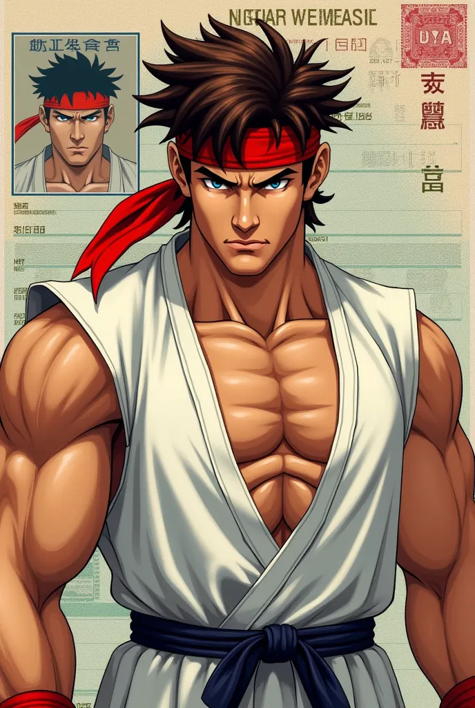 Ryu from Street Fighter 
headband 
Just his plain self 
Japanese Passport background with his picture there