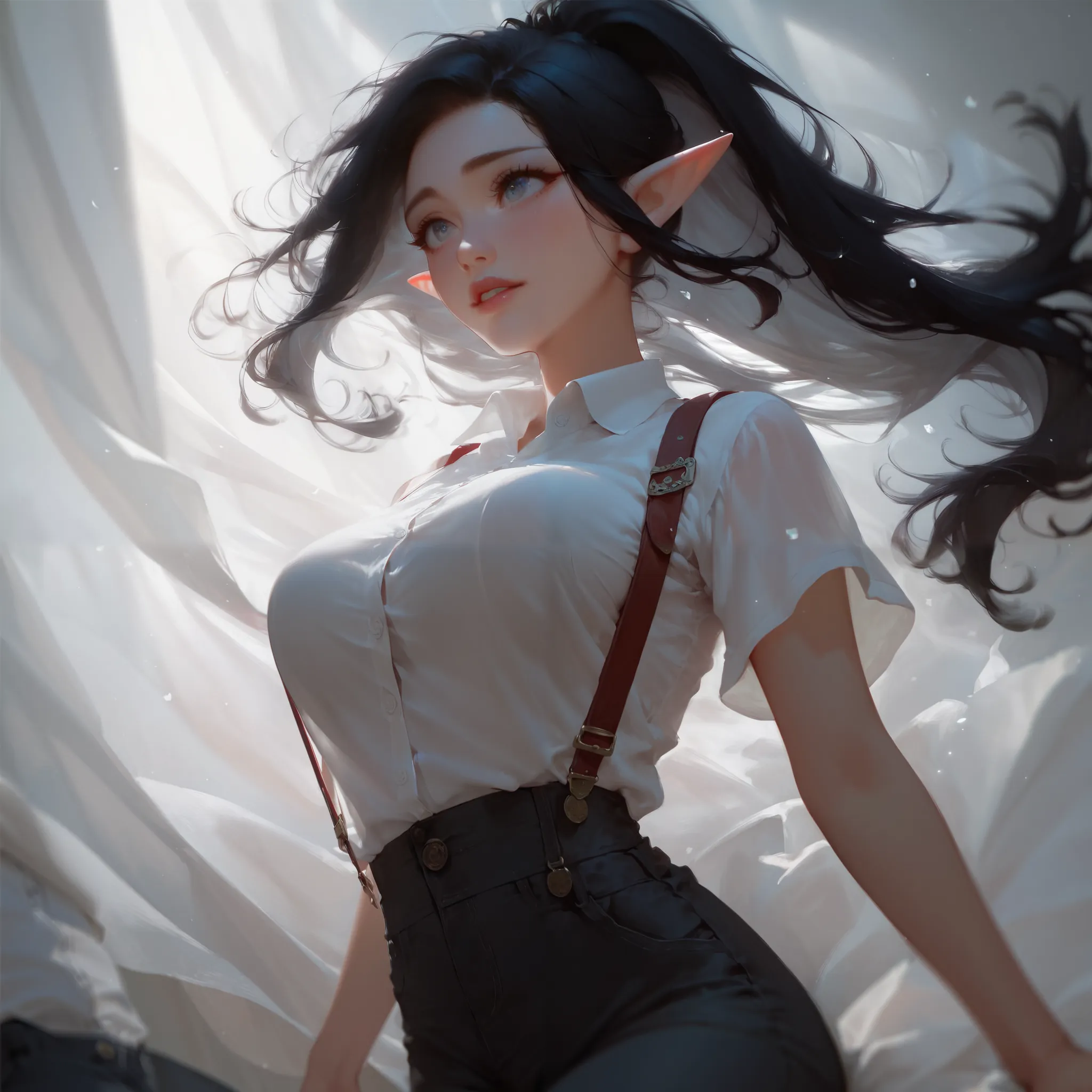 1 cute elf girl, solo, white shirt, pants, suspenders, soft skin texture, firm juicy breasts, black silky hair fluttering in the wind, ponytail, two-tone hair, black hair with a soft lavender tint, beautiful expressive eyes, embarrassment, modest delicate ...