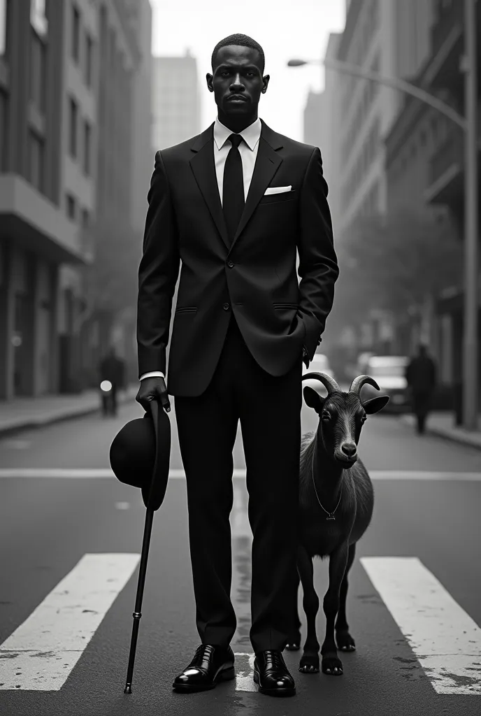 A black man in a black suit has a hat and cane in his hand at a crossroads and on his side a goat 