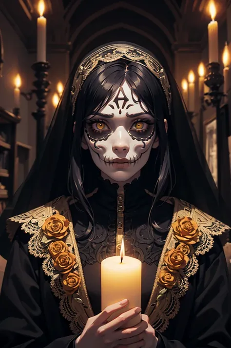 handsome young man, short black hair, long eyelashes, yellow eyes, sad emotions, Mexican Day of the Dead theme, muerte, transparent veil in his hair, candle, skull, 8k, high quality, intricate details, cinematic lighting, dramatic shadows, warm color palet...