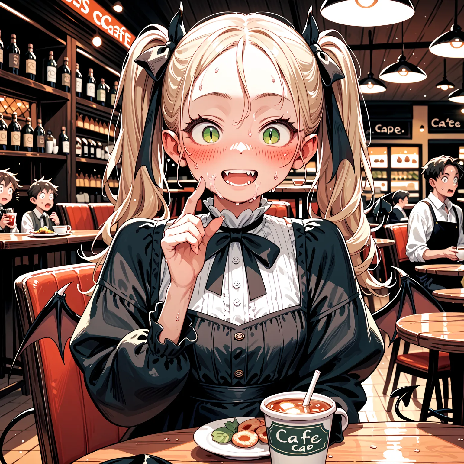 Short:2,toddler:2,sweat on face,long blonde hair, green eyes, white skin, round face, embarrassed and surprised face. Devil tail, bat wings. Girl:1, black and white dress, black ribbon, in cafe