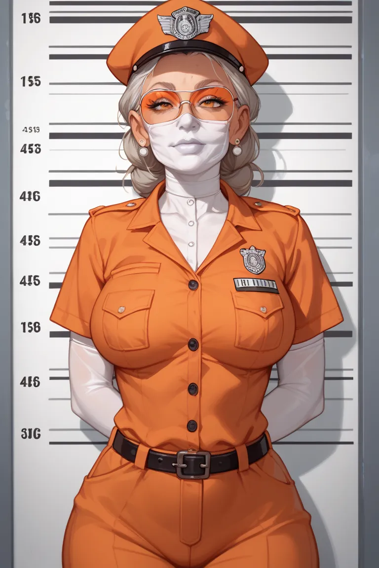 30-year-old woman, wearing an orange jail uniform, in a mugshot