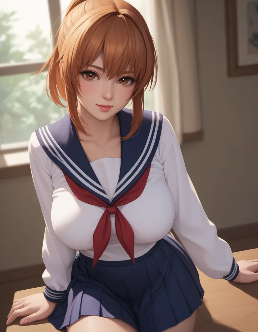 Kasumi Dead or Alive, Big breasts, long sleeve sailor blouse ,  brown eyes, school skirt