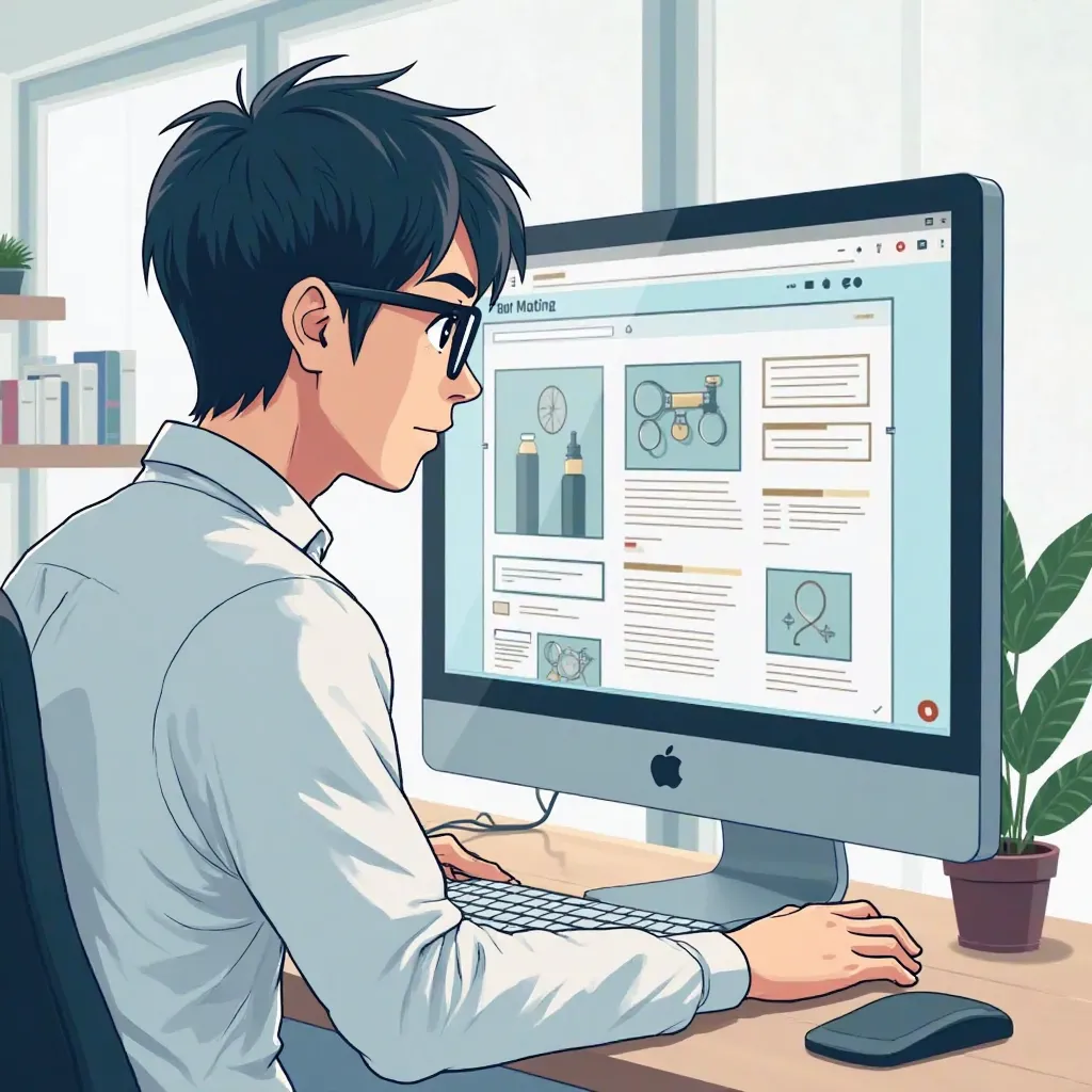 - プロンプト: "A Japanese male pharmacist with short hair and glasses, working on web design on a computer. The image is in an illustrated style, showcasing his focused expression and the details of the computer screen with design elements. The setting is a mod...