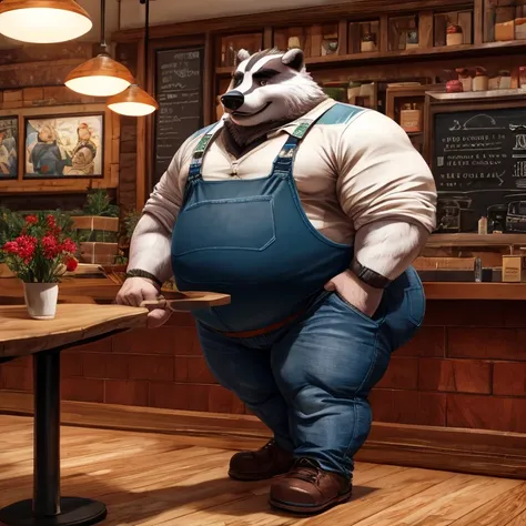 high resolution illustration, 4k, 1 adult, Fat male denim guy dressed as a conger, has a huge butt,   fat arms and legs  , pants,  the badger is standing inside a coffee shop , You are performing the cleaning action, In his right hand he is holding a mop.