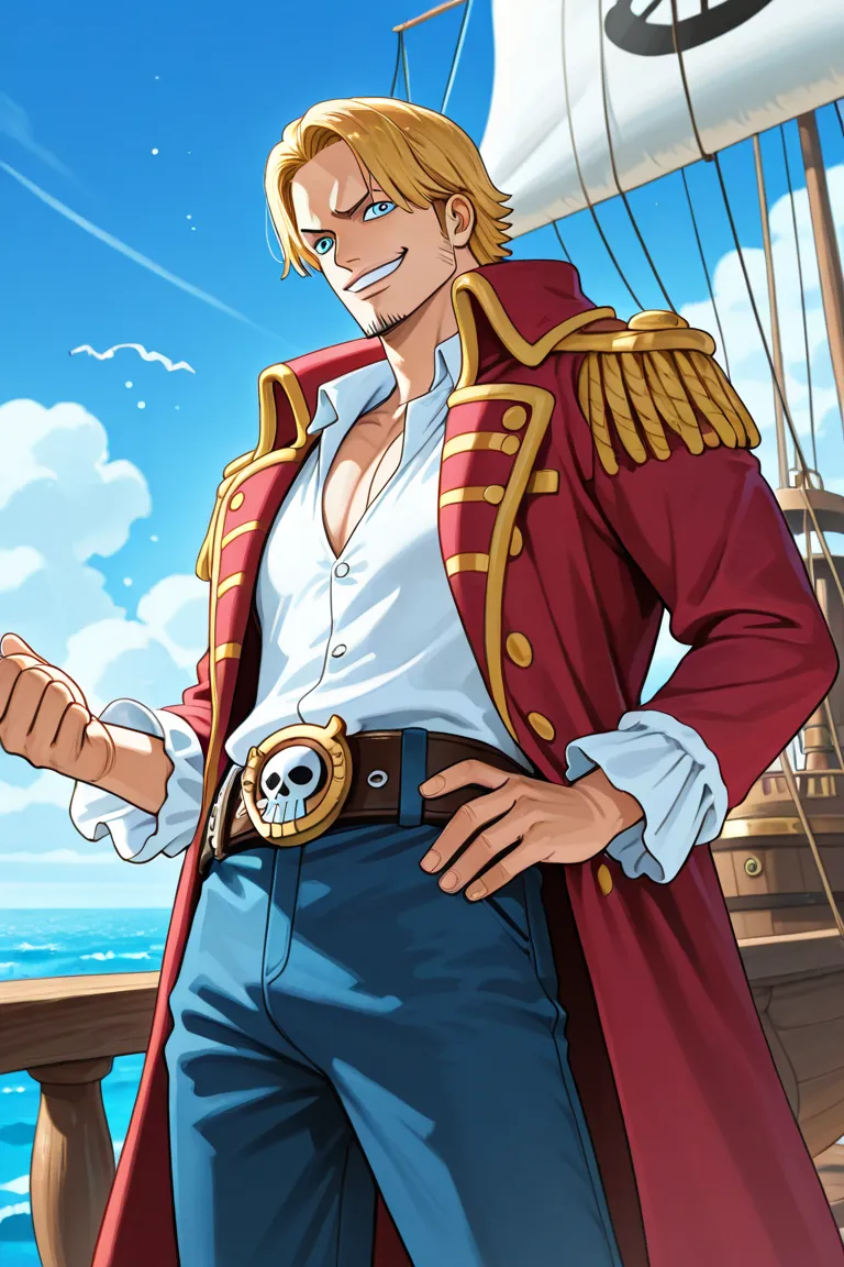 A charismatic and rugged pirate captain inspired by Brad Pitt, reimagined in the vibrant anime style of One Piece. He has wavy, shoulder-length blonde hair, sharp blue eyes, and a confident smirk. His facial features are strong and chiseled, maintaining hi...