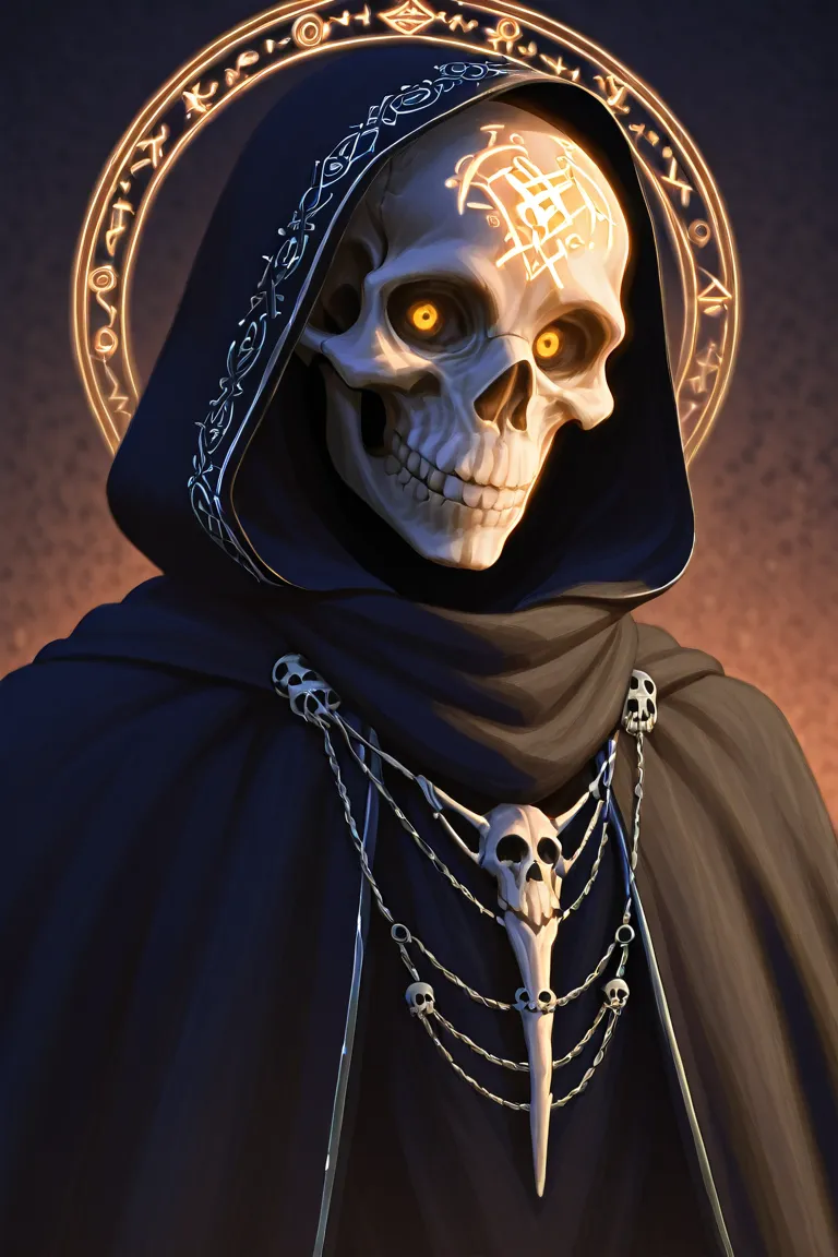 a skeletal skull with a lot of glowing runes etched in intricate detail, illuminated with an unearthly glow in bluish and greenish hues. The skull is partially shrouded in a flowing black cloak, with shadowy detailing and silver embroidery. The atmosphere ...