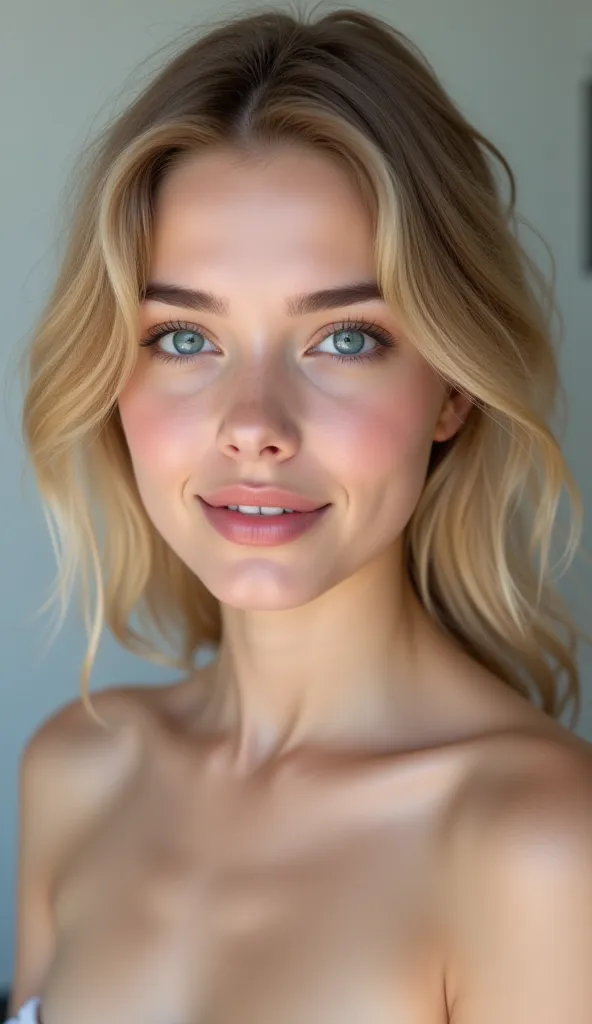 Ultra realistic face, young girl, she is 18 years old, blue eyes, beautiful face, beautiful blond short hair on the shoulders, pink and sexy lips. White skin.