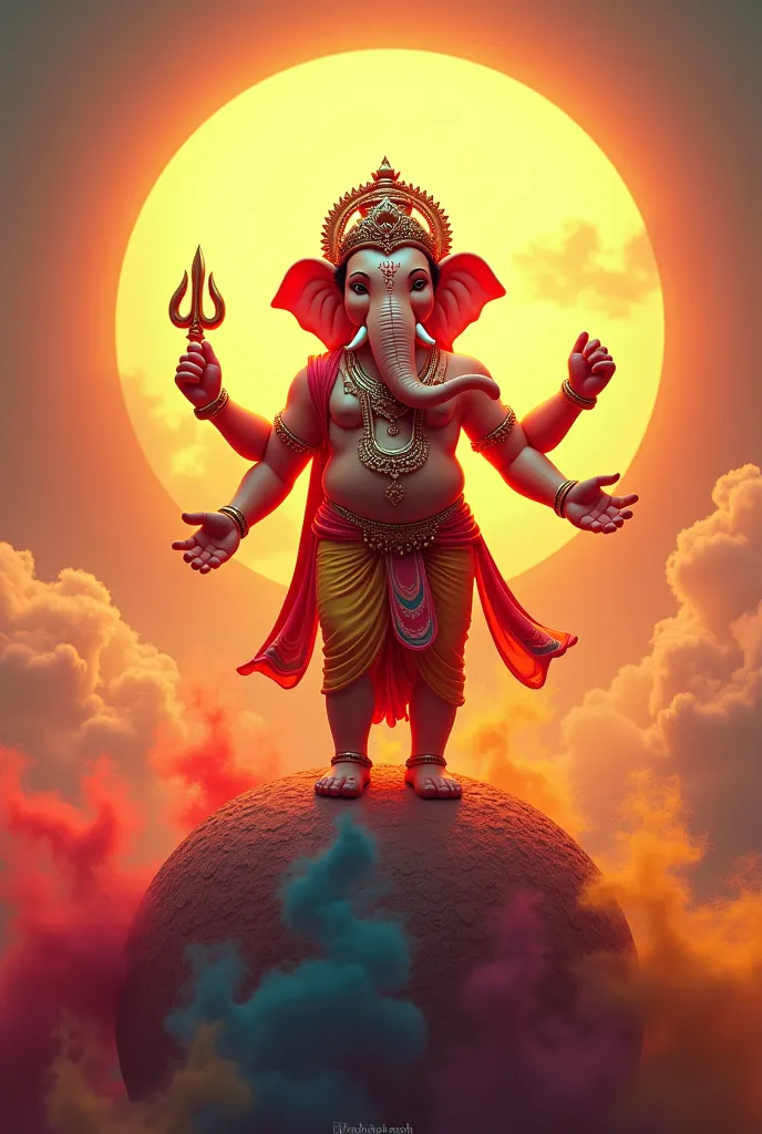 Ganesh ji ek bade suraj ke upar khade hain or holi khel rahe hai