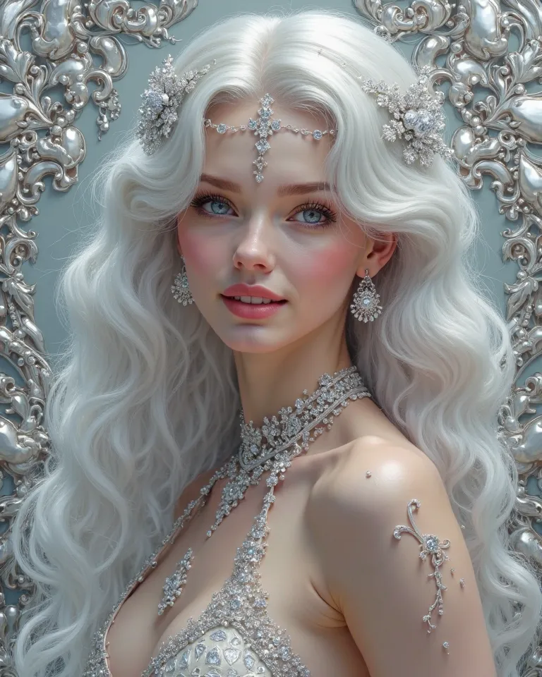 A hyper-realistic 4K Art Nouveau digital painting of a nude goddess of platinum, she smiles cutely, her body naked, her hair gleams like liquid silver, adorned with platinum filigree and diamond accents, surrounded by intricate icy white and metallic silve...