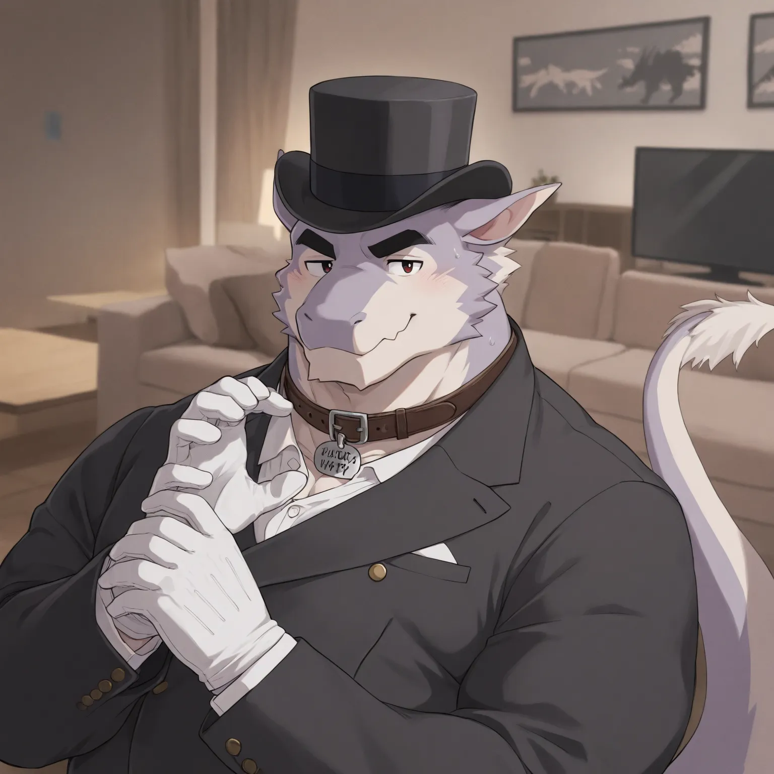 High Quality, Male, Dragon, Anthro(Dragon),Chubby,(Black eyebrows:1.1),(Perfect eyes),Smooth Skin，（artist:Takemoto Arashi），Living Room background，claw，（Tailor Uniform:1.3）。Wearing a Leather collar around his neck. Wearing fancy white gloves on his hands, f...