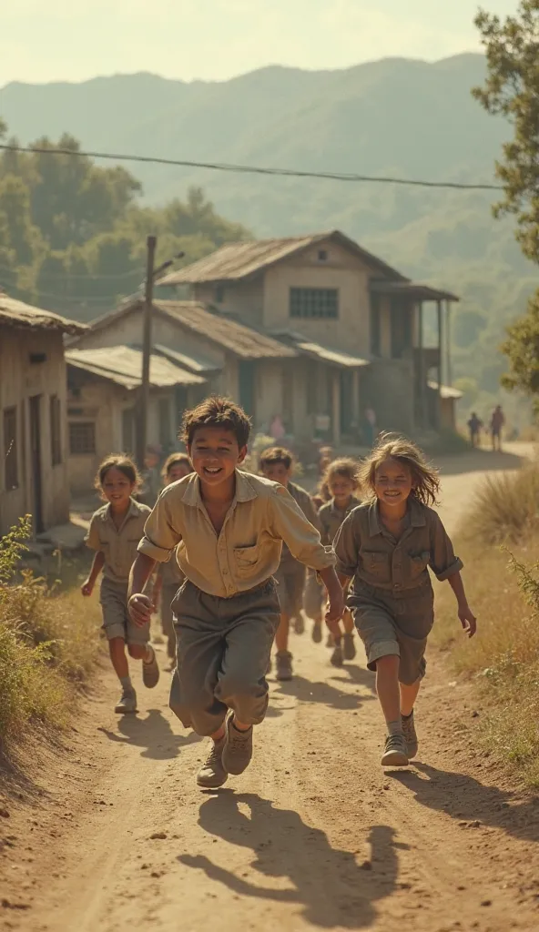  Create an ultra realistic image , from the 1980s , boys and s leaving school in the hinterland, nostalgic image that portrays adversity, The humility of people, smiling ren, Running out of school 