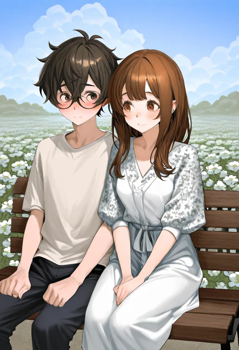 A COUPLE, a young boy with a white complexion, dark hair and brown eyes, He has glasses and freckles. Beside, their long-haired, brown-haired girlfriend, He doesn&#39;t have glasses, No freckles . they are sitting on a bench, in the background a floral lan...