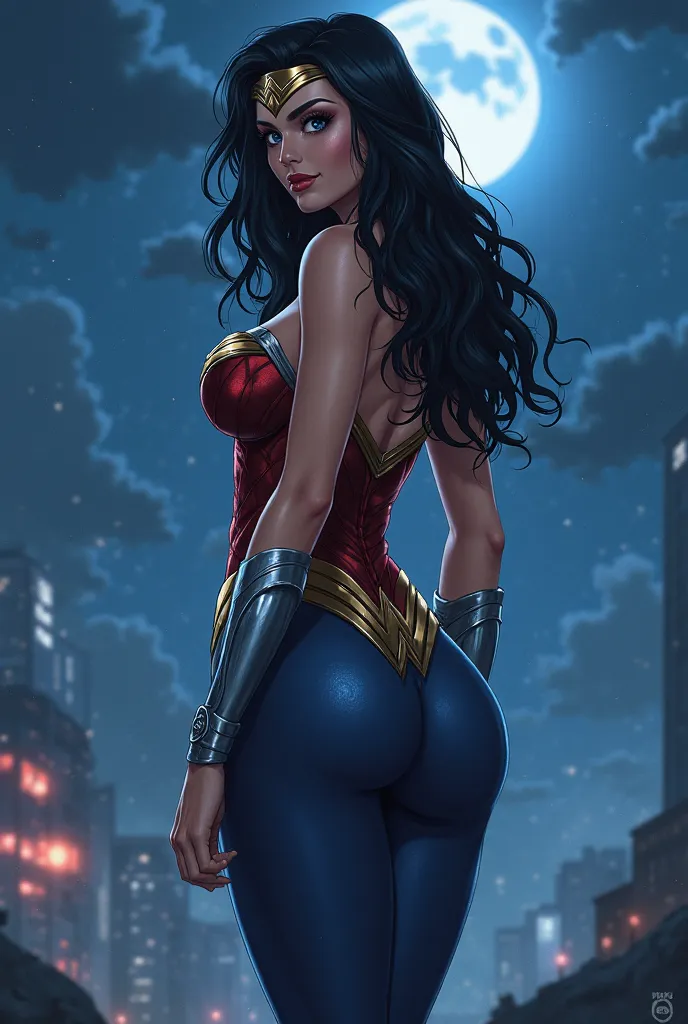 Wonder Woman in anime art, night, with back to the spectator, looking back, looking at the spectator,  dark blue leggings 