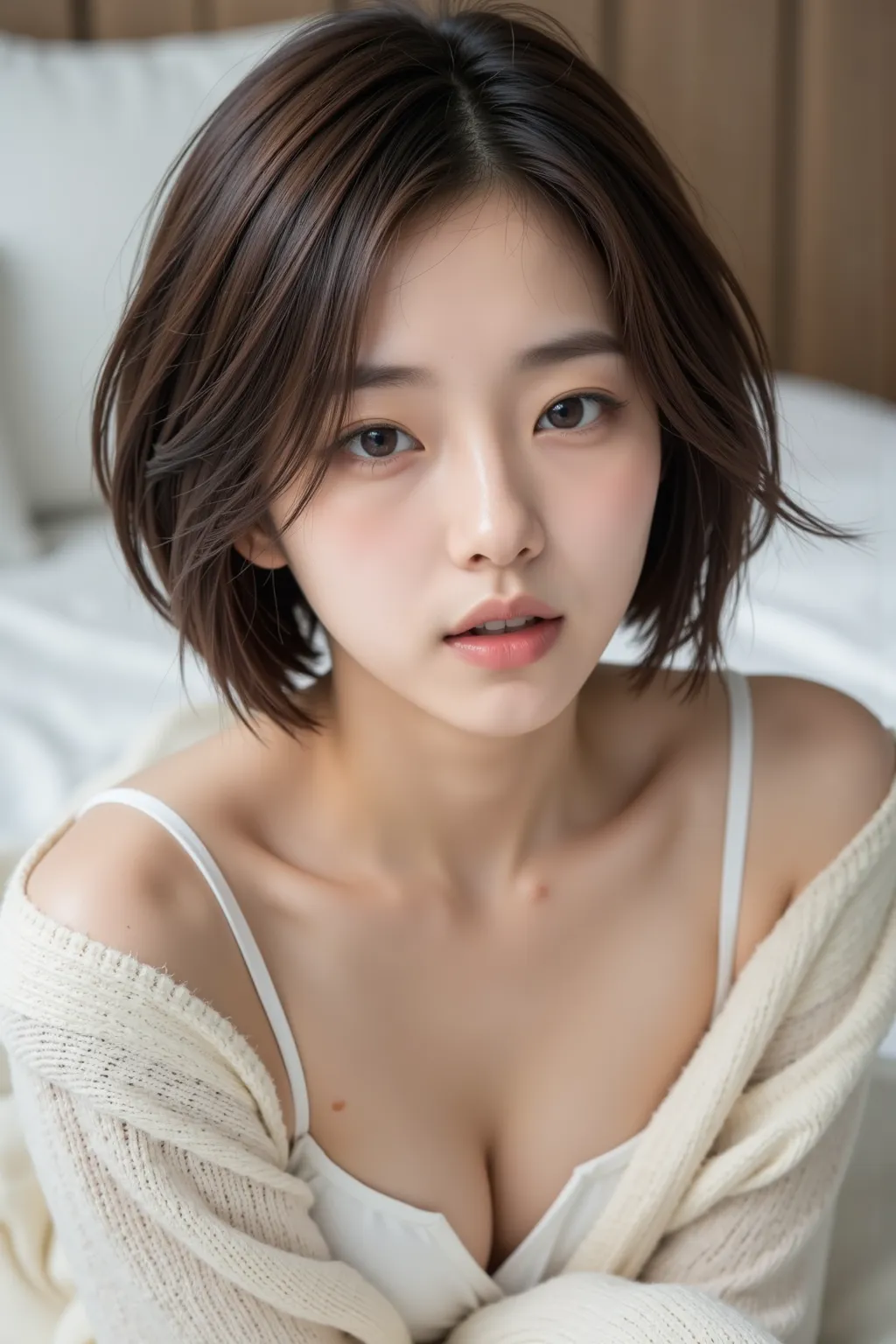 High quality,4K,Super Details,Realism,Professional grade ,bokeh,an Asian female,lying on the bed,There are pillows around ,20 years old,Spit your tongue slightly,Gently close your eyes,Supine,Messy short hair,cardigan,pretty young Korean woman, The face of...