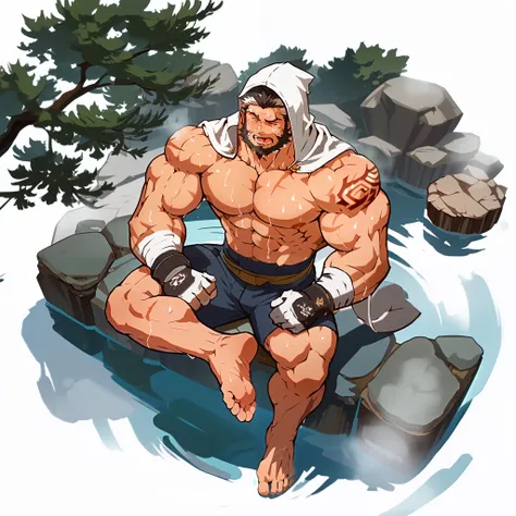 high detail,perfect body proportions, masterpiece,a muscular boy, mature male,short black hair, white streak, Gloves, Topless , scar, biceps , has a right arm dragon tattoo,beard, manhood , full body,Sweat,Sit on your abs,breast licking , Bare Feet ,Ho...