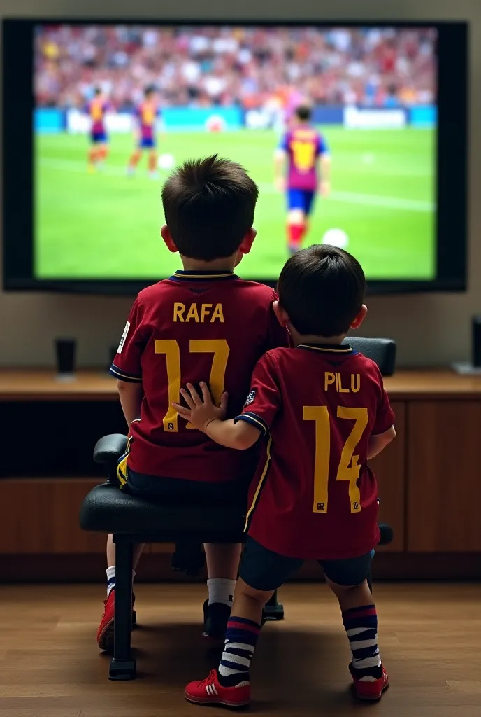 A  boy sitting in a chair with his legs nestled high at the TV table watching a soccer game and another  going under his legs, both wearing FC Barcelona shirts, the one who is sitting is called Rafa and the one who passes under his legs Pilu.