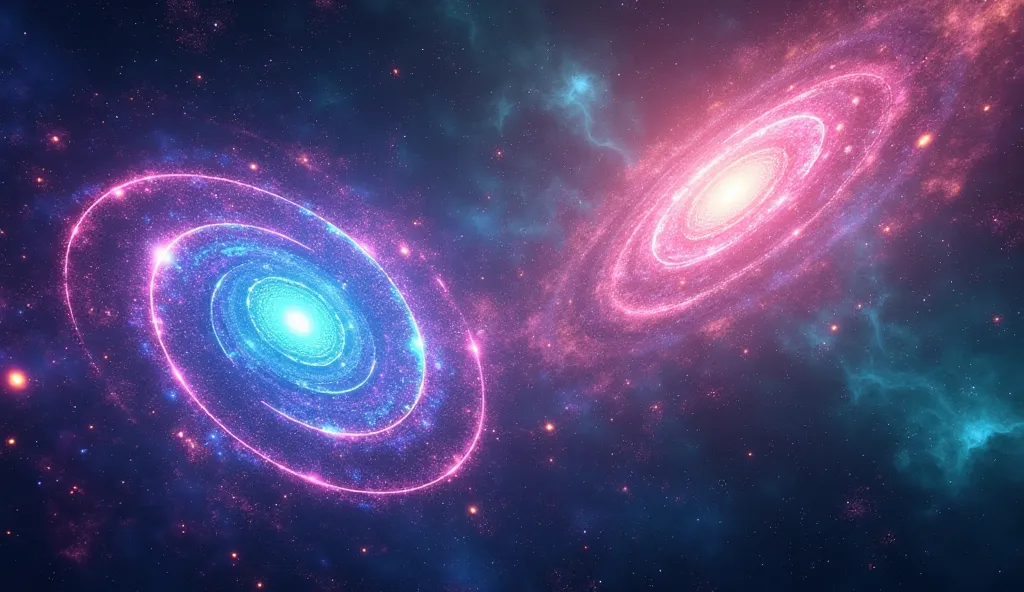 Image of vibrant, futuristic galaxies set in a vast, expansive cosmos, glowing with an array of bright, dynamic colors. The galaxies have intricate, spiral designs with radiant neon hues like electric blue, purple, magenta, and glowing green. Some of the g...