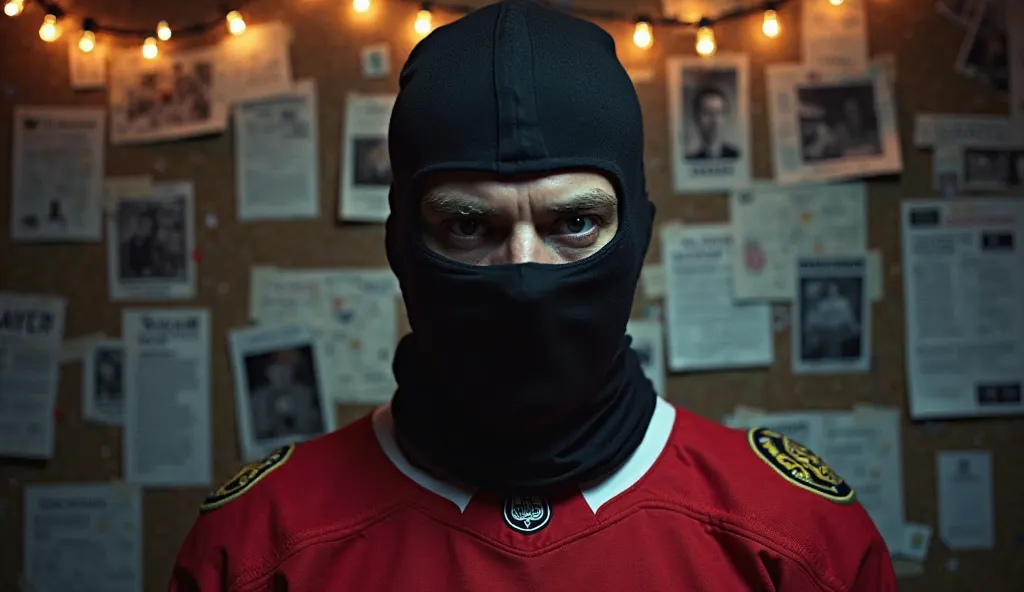 A man wearing a black tactical mask, with only his intense eyes visible through the opening. He is dressed in a red hockey jersey featuring the Chicago Blackhawks logo. The background features a conspiracy-style investigation board filled with pinned photo...