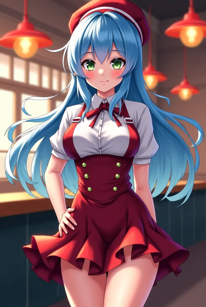 pretty girl , light blue hair with white tips,
She is a waitress at a bar, has big breasts and green eyes , And long hair waitress clothes are tall anime