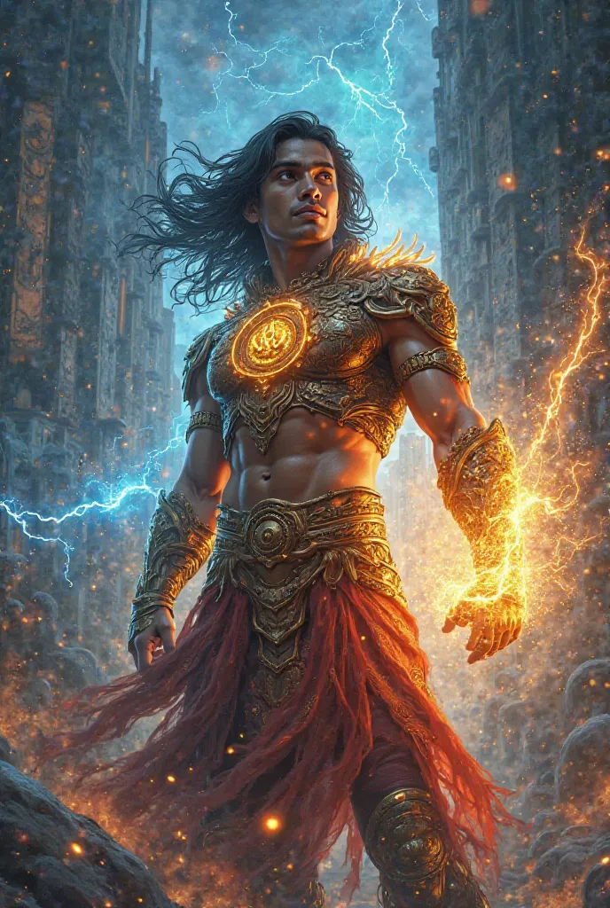 **Prompt for Image Generation:**  

Create a highly detailed and dynamic sci-fi fantasy illustration of a young male superhero from West Odisha, Kalahandi, Bhawanipatna, embodying the forces of protection, creation, and destruction. He should be under 25, ...