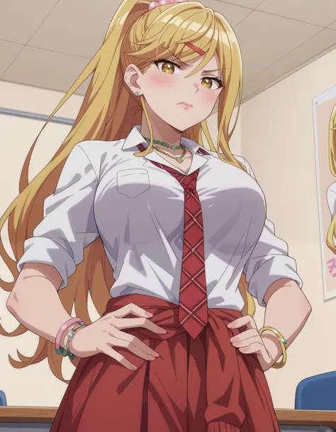 score_9, score_8_up, score_7_up, source_anime, himari ishikura, long hair, bangs, blonde hair, large breasts, hair ornament, yellow eyes, ponytail, hairclip, high ponytail, large breasts, anime screencap, skirt, shirt, jewelry, school uniform, white shirt,...