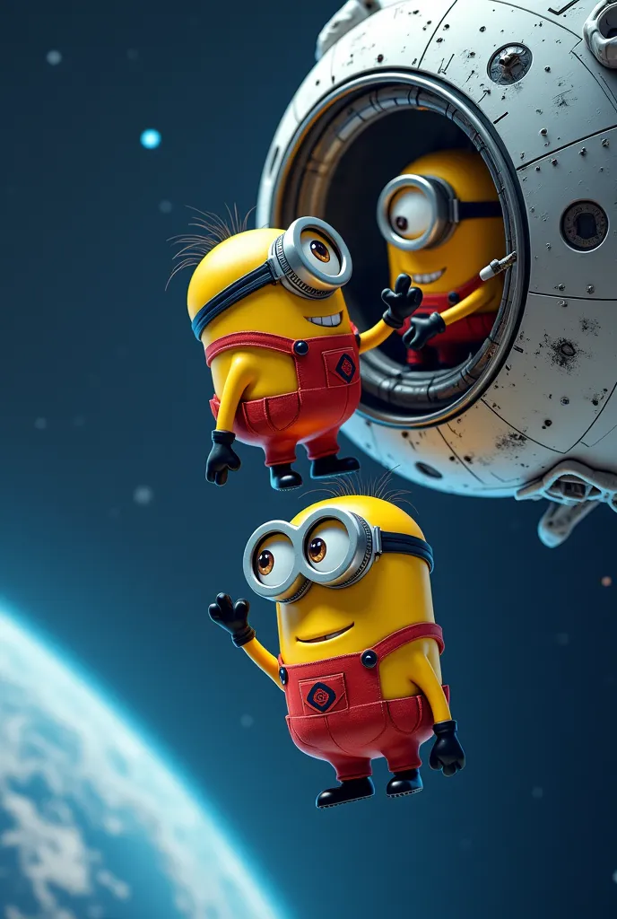 Two Minion astronauts: one floating in space while repairing the outside of your space station, The other one above him and is in an alien ship and in the ship's hatch you can see an alien minion greeting inside 