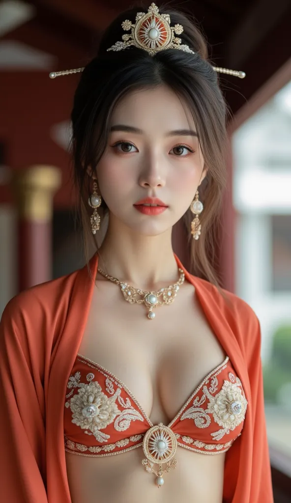 Top Quality,  masterpiece, ultra-high definition, ( realistic photo : 1.4),Bright Style ，high brightness， original photo, beautiful woman，mature woman，Chinese hairstyle ，with an ancient Chinese palace headdress on her head，Precious earrings，exquisite pearl...