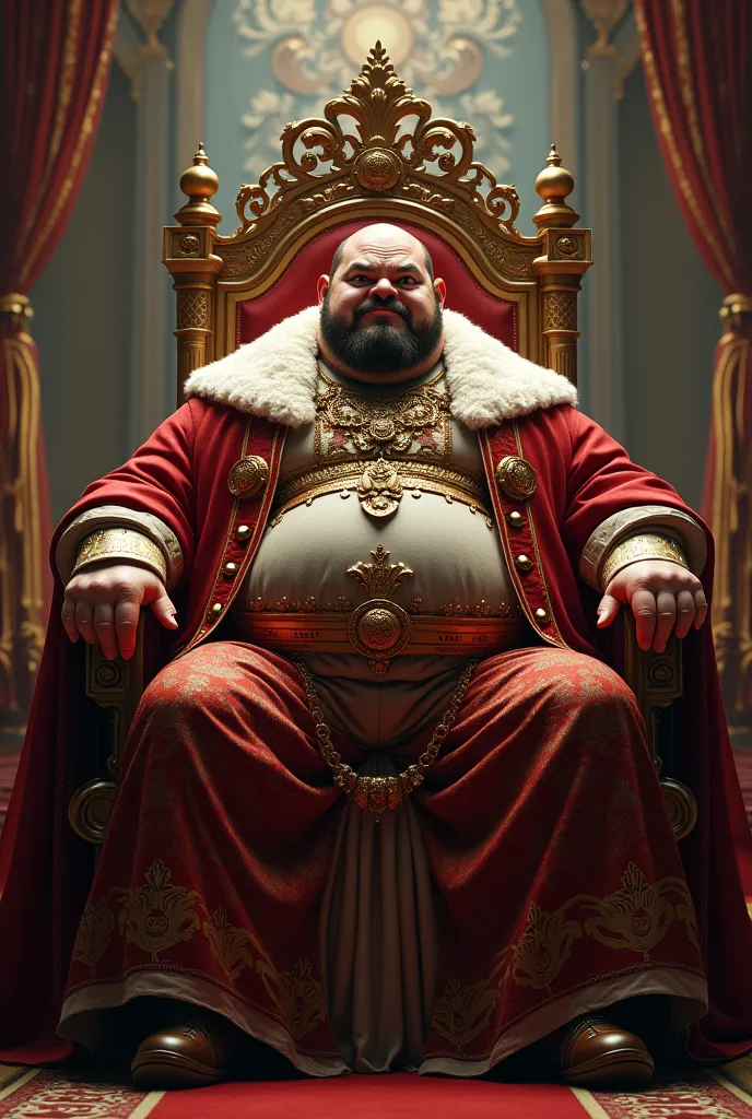 A detailed, rotund, obese, fat, plump king, sits atop a throne. He has a round, fat face, with a double chin, and his gaze fixed upon the viewer