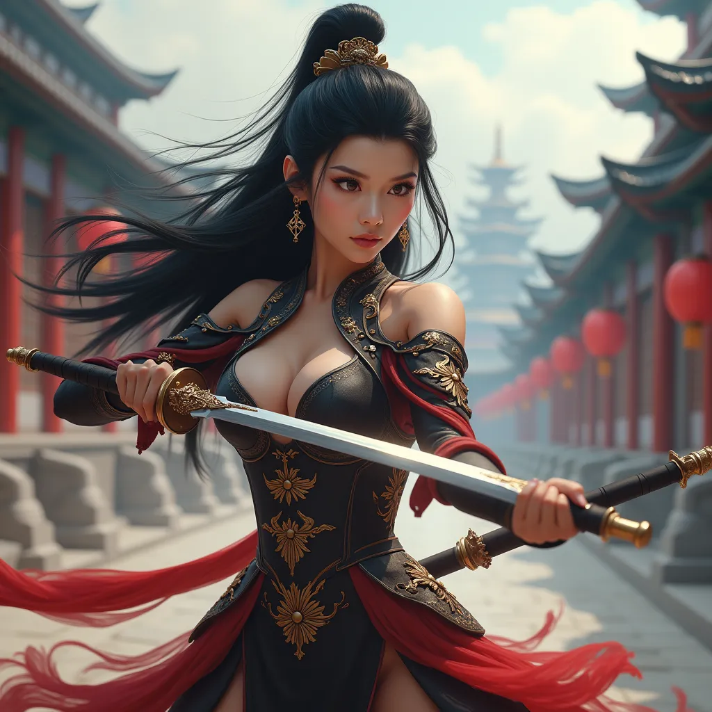 Image of a beautiful Chinese ancient woman with big breasts holding a sword in a sword-stabbing position, preparing to charge into battle