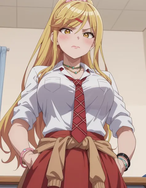 score_9, score_8_up, score_7_up, source_anime, himari ishikura, long hair, bangs, blonde hair, large breasts, hair ornament, yellow eyes, ponytail, hairclip, high ponytail, large breasts, anime screencap, skirt, shirt, jewelry, school uniform, white shirt,...