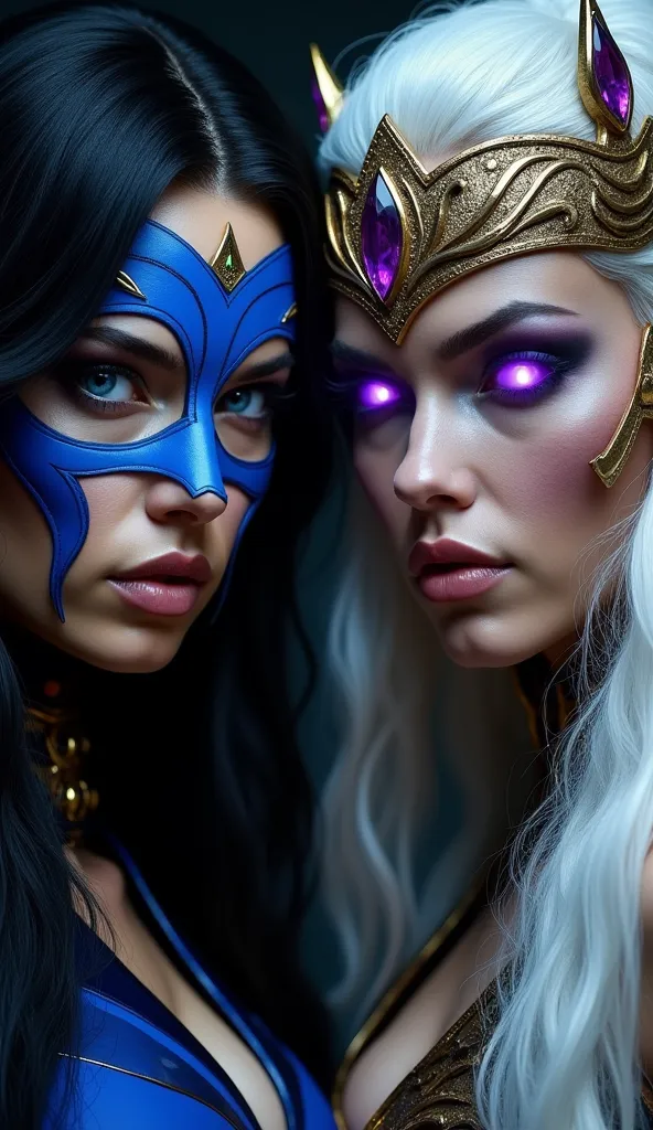 An ultra-realistic close-up portrait of Kitana and Sindel. Kitana is on the left, wearing her iconic blue mask, with intense blue eyes and long, flowing black hair cascading over her shoulders. Her expression is serious and determined. Sindel is on the rig...