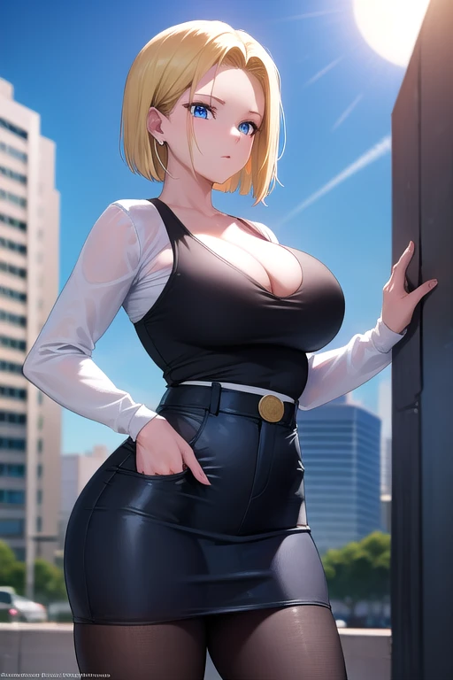 android18, android 18, blonde hair, blue eyes, eyelashes, hoop earrings, short hair, earrings,
BREAK, brown pantyhose, black shirt, breast pocket, cleavage, collarbone, black leather skirt, high-waist skirt, jewelry, black long sleeves, pocket, shirt, blac...