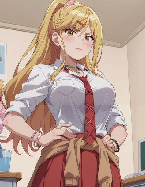 score_9, score_8_up, score_7_up, source_anime, himari ishikura, long hair, bangs, blonde hair, large breasts, hair ornament, yellow eyes, ponytail, hairclip, high ponytail, large breasts, anime screencap, skirt, shirt, jewelry, school uniform, white shirt,...