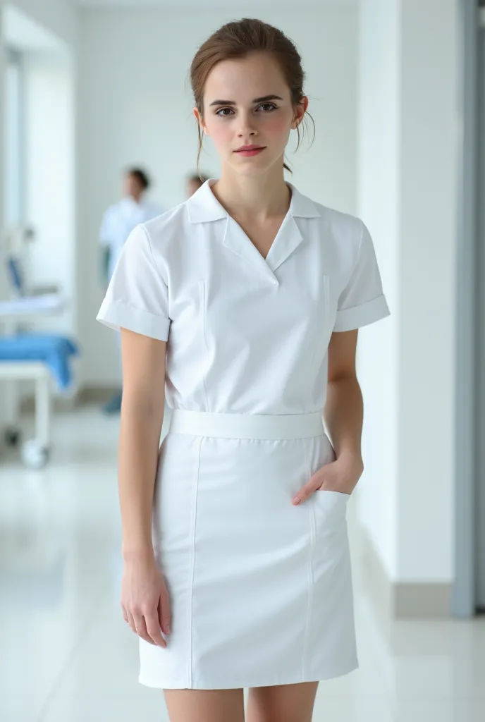 Emma Watson as a nurse, cliche white outfit, Short skirt 