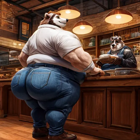 high resolution illustration, 4k, 1 adult, Fat male denim guy dressed as a conger, has a huge butt,   fat arms and legs  , pants,  the badger is standing inside a coffee shop , You are performing the cleaning action, In his right hand he is holding a mop.