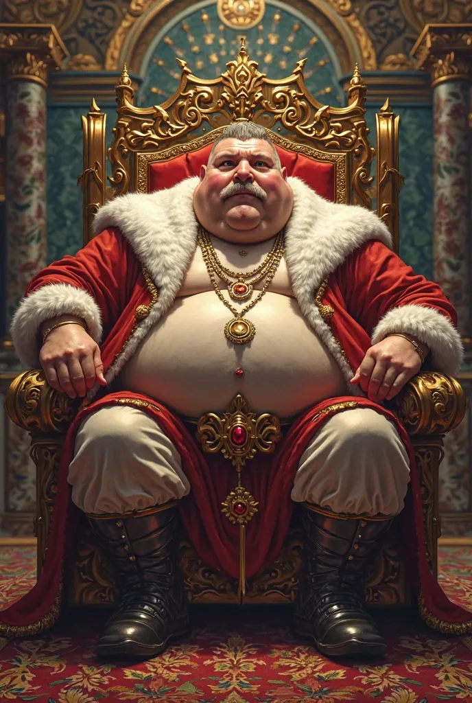 A detailed, rotund, obese, fat king, sits atop a throne. He has a round, fat face, with a double chin, fat arms, fat thighs, fully dressed, and his gaze fixed upon the viewer