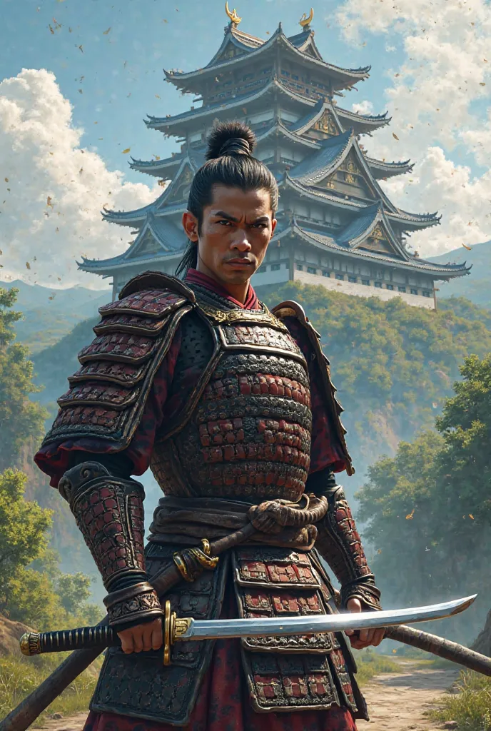 Samurai with a katana and her armor in the background of a castle of the time