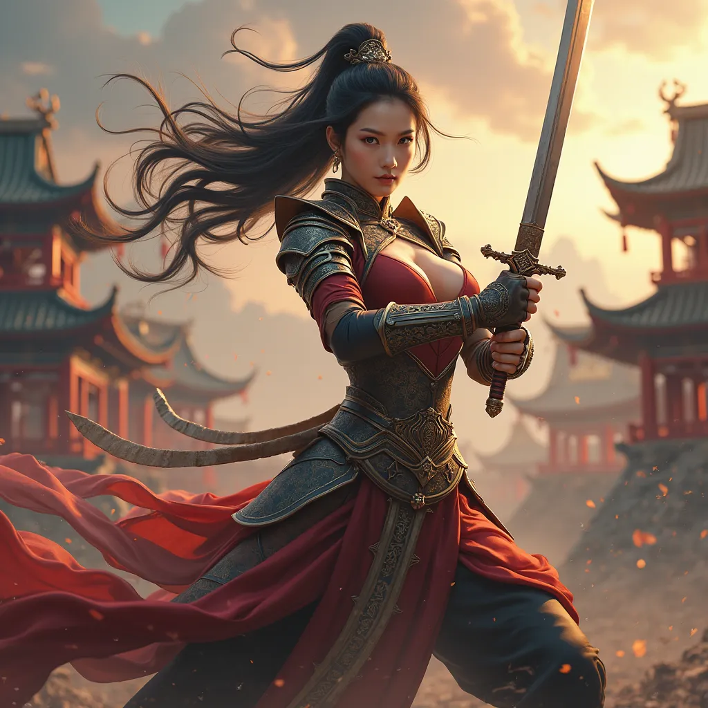 Realistic Image of a beautiful Chinese ancient woman with big breasts holding a sword in a sword-stabbing position, preparing to charge into battle