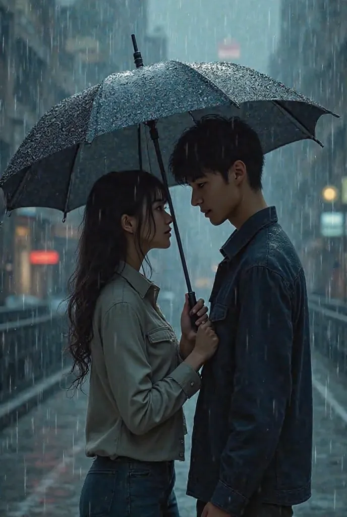 The young women holds the umbrella over the young men head, the raindrops hitting the umbrella, making a thumping sound.