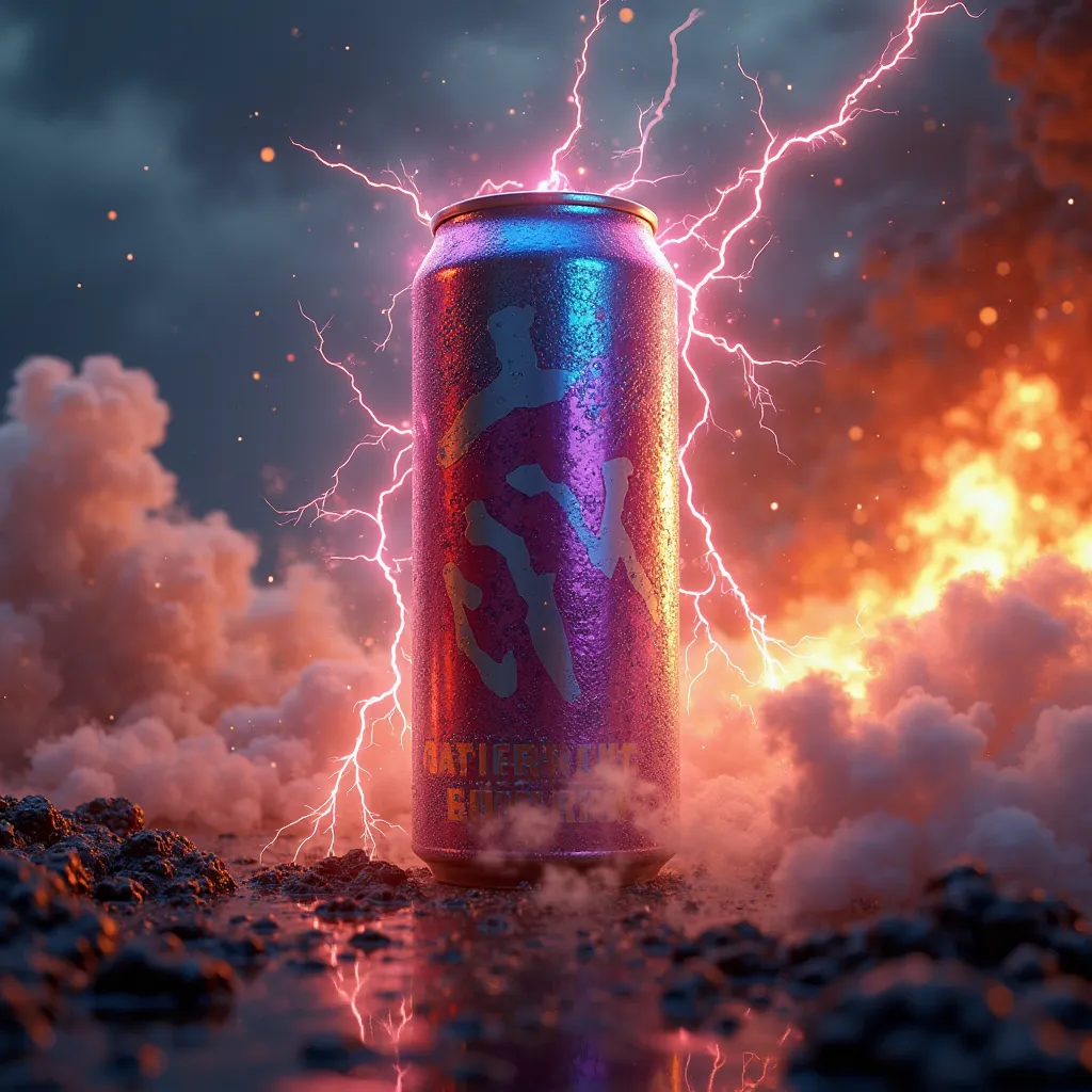 energy drink can, with thunderbolts, explosion in the background. ultra realistic, detailed.