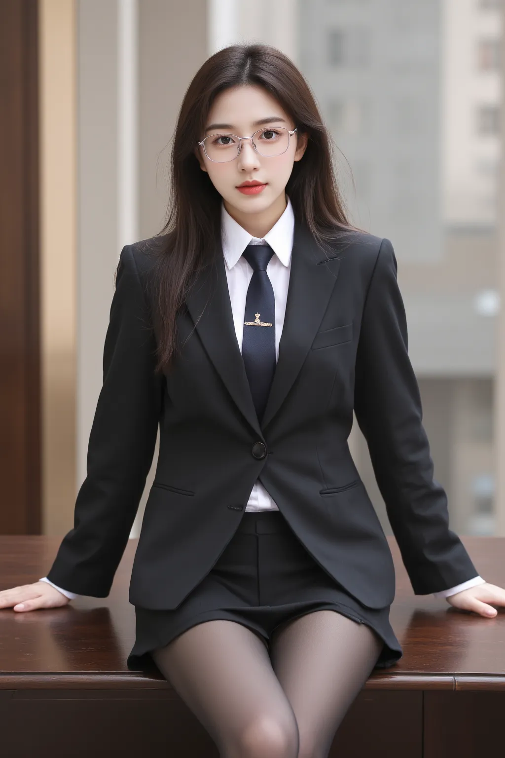 high resolution,  masterpiece,Best Quality,anatomically accurate,Very detailed,Beautiful Japanese women,20 years old,secretary,身穿secretary制服，The background is a luxury office， Big City with Frameless Glasses ，Black Stockings