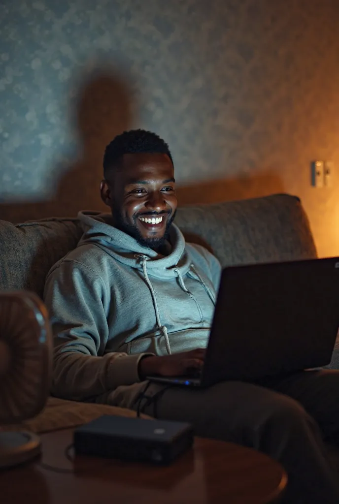 Smith, a young Nigerian man with a rich brown complexion and short, neatly trimmed hair, lounged on his couch in an oversized hoodie. His laptop rested on his thighs as he scrolled through movie and anime streaming platforms, a satisfied smile on his face....