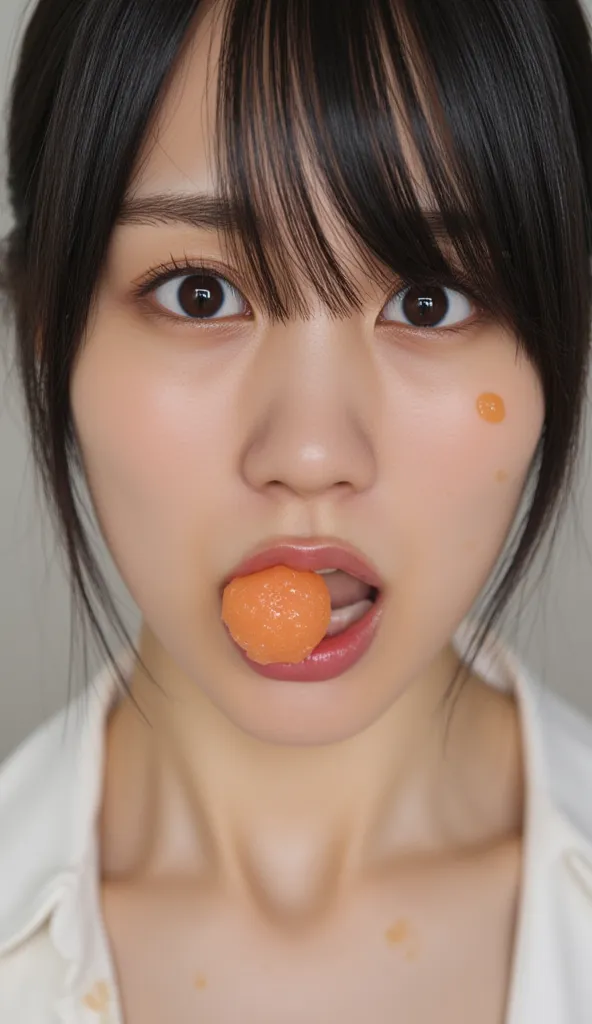 Kaki_haruka Mouth wide open, tongue closed, beautifully polished mouth, saliva running from mouth, wet lips, saliva trail, (angle from below: 1.4), (eating fleshy mushroom-shaped gummy: 1.5), open nostrils visible, exaggerated nostrils, realistic nostrils,...