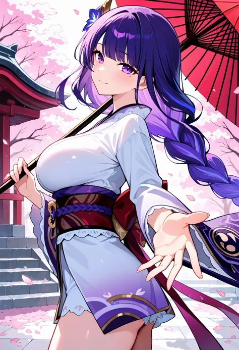 masterpiece, best quality, newest, absurdres, highres, 1girl, RdnMkt, purple hair, long hair, braided ponytail, braid, purple eyes, mole under eye, large breasts, hair flower, hair ornament, purple flower, japanese clothes, long sleeves, wide sleeves, obi,...