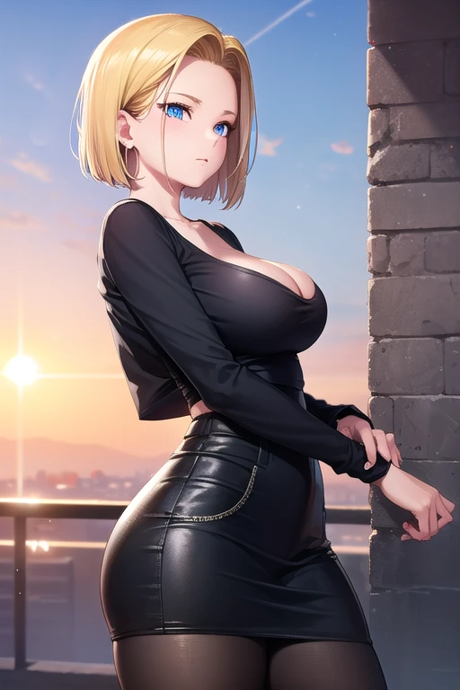 android18, android 18, blonde hair, blue eyes, eyelashes, hoop earrings, short hair, earrings,
BREAK, brown pantyhose, black shirt, breast pocket, cleavage, collarbone, black leather skirt, high-waist skirt, jewelry, black long sleeves, pocket, shirt, blac...