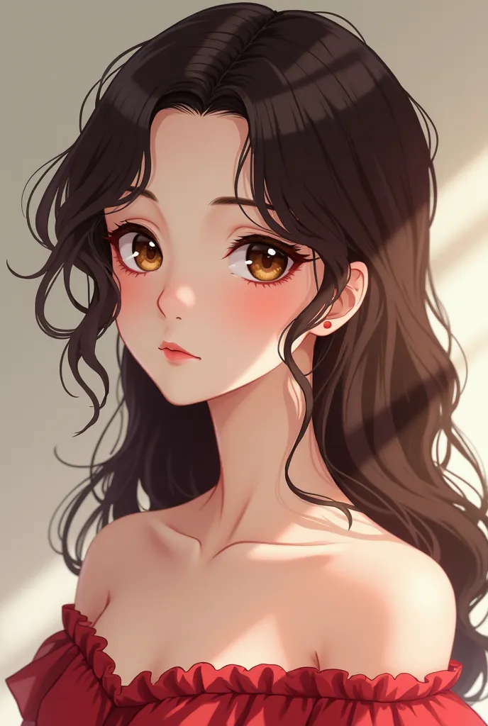 An anime europian girl with sharp features.  curly brunetter hair , hazel almond eyes , long eyelashes. Light skined. Medium height. Wearing an off the shoulder red dress.