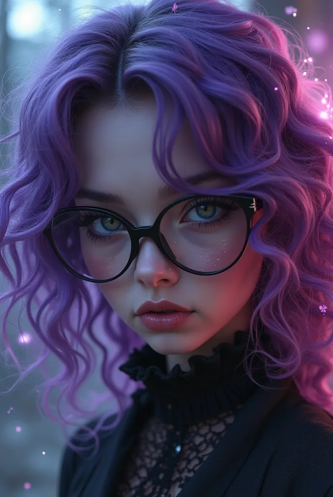 Goth Girl with curly purple hair, purple eyes and black circle glasses