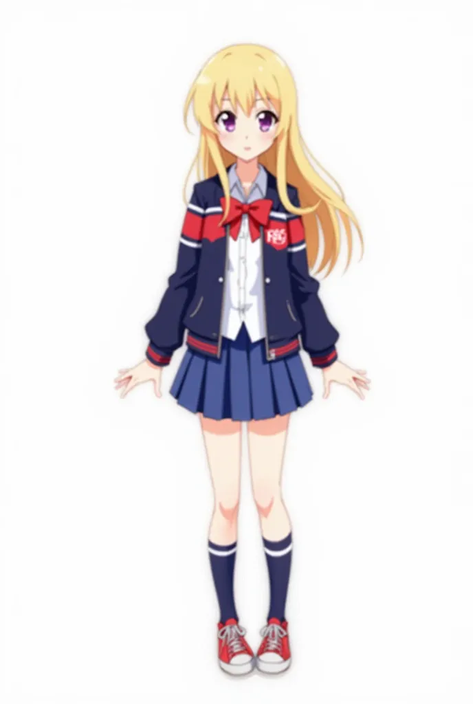 The image is a digital illustration of an anime style character. The character is a young woman with long, flowing blonde hair and large, expressive purple eyes. She wears a navy blue jacket with red and white stripes, a white blouse with a red bow, and a ...