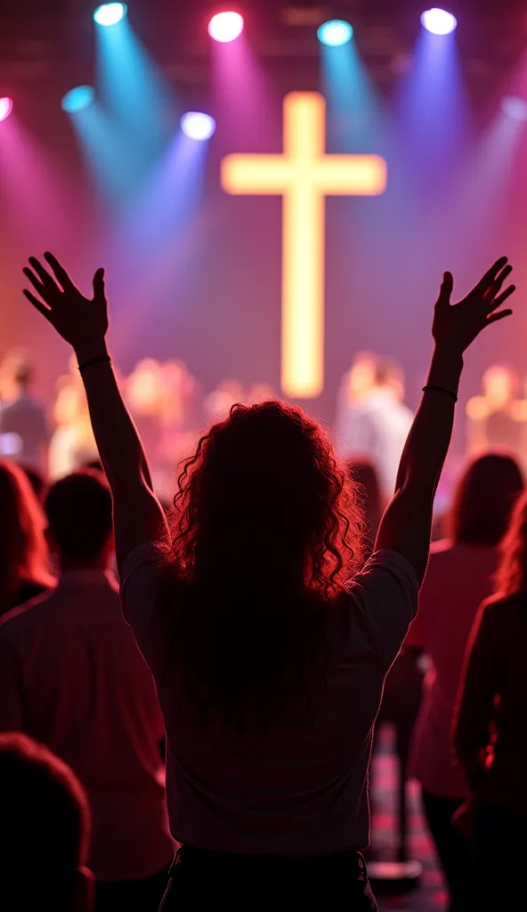 A woman with her back with curly hair raising her hands in adoration in the middle of a crowd at a Christian service. The lighting is warm, with colored lights and a large illuminated cross in the background on stage. The atmosphere is emotional and spirit...